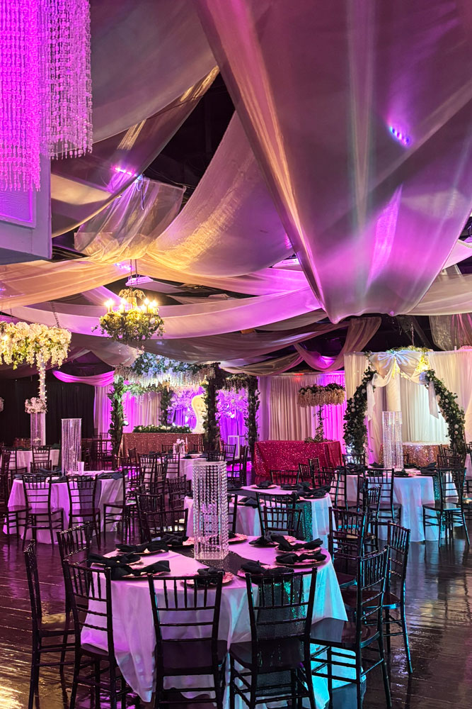 Grand ballroom with ceiling fabric and beautiful accent lighting