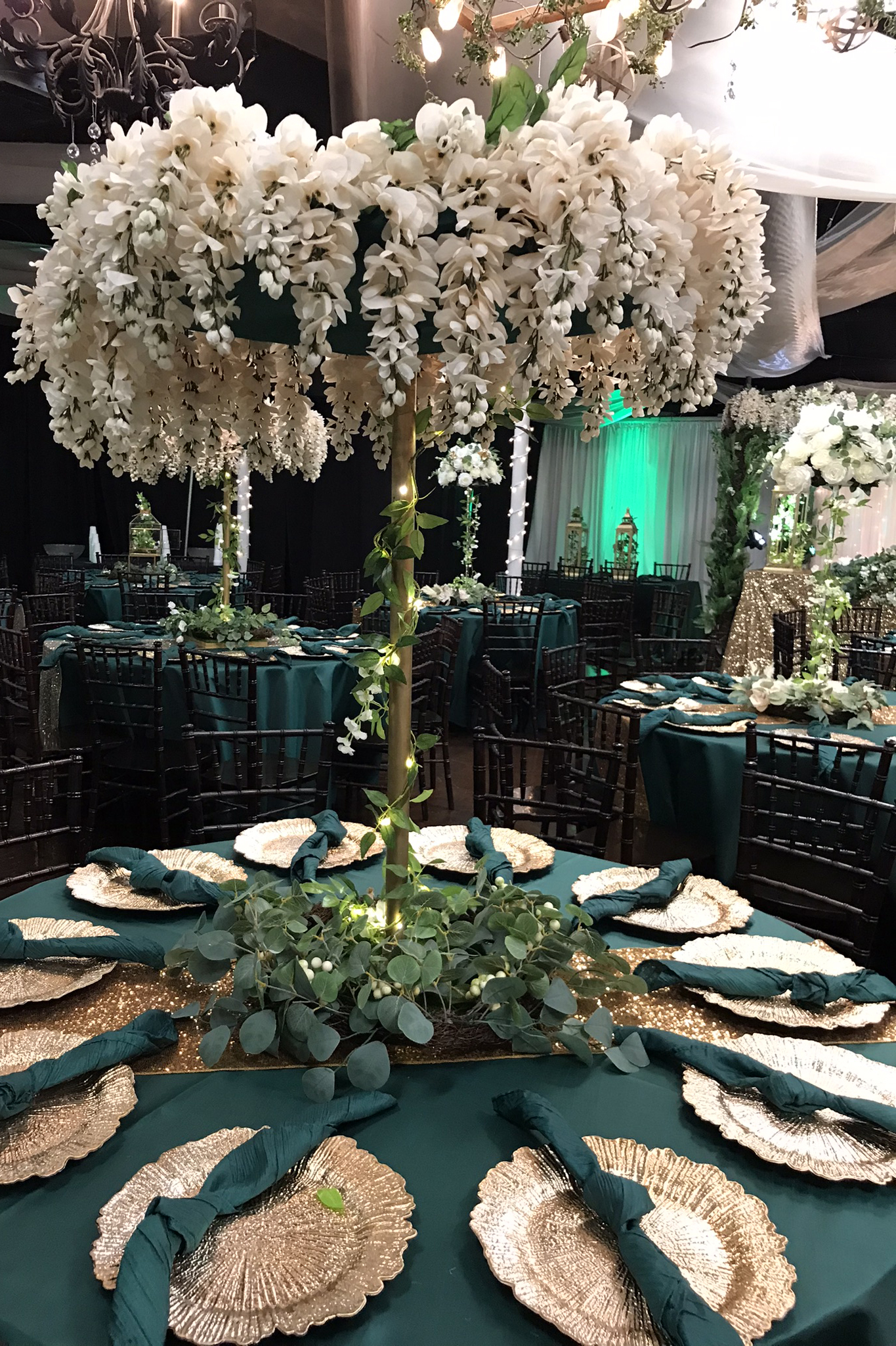 Wedding reception ballroom with elegant table centerpieces and garden-inspired deco
